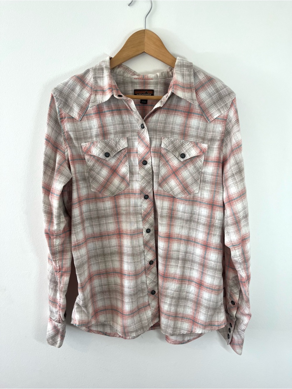 Patagonia Women’s Pink and White Plaid Button-Up Shirt